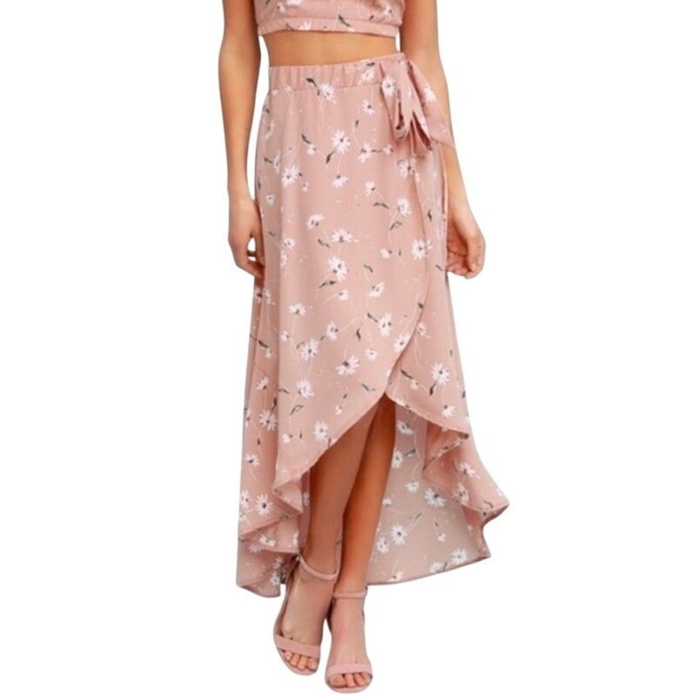 Boho Floral Wrap Maxi Skirt SMALL Pink High Low Cottagecore Coquette Summer